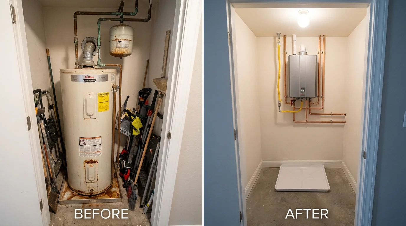 Tank water heater versus wall-mounted tankless unit comparison for Charles City, VA homeowners