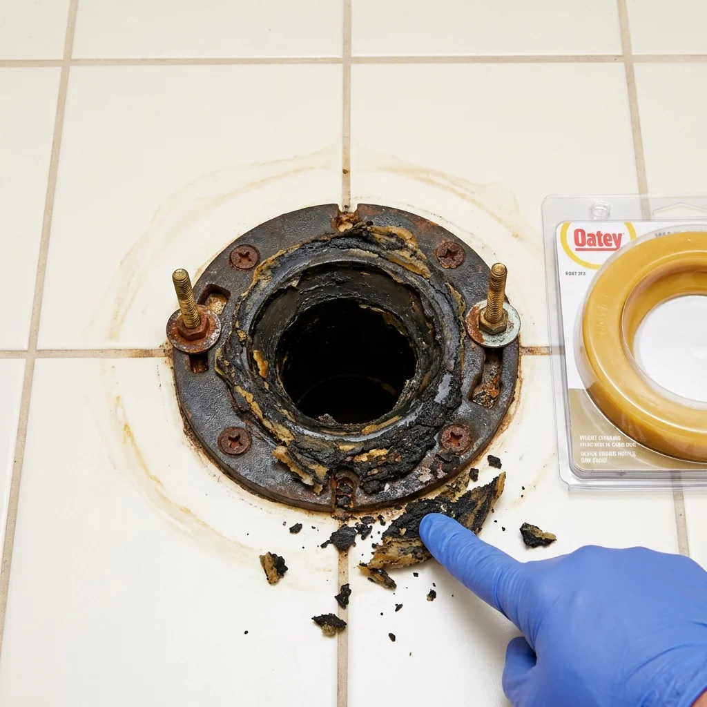 Failed wax ring showing water seepage at the base of a toilet in a Charles City, VA home
