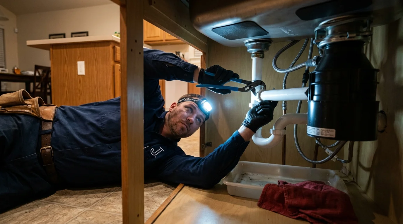P-trap and supply line connections under a kitchen sink showing a common leak point in Charles City, VA
